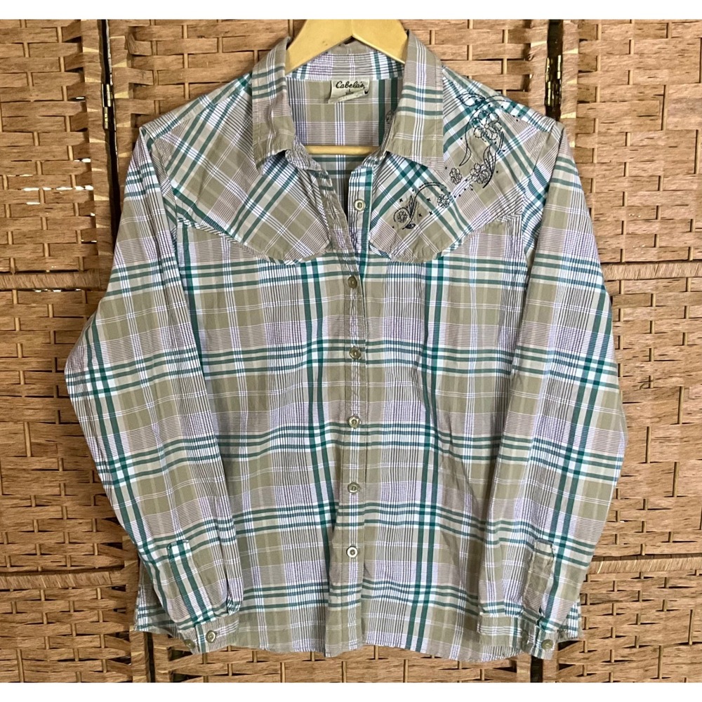 Cabela's Womens L Plaid Western Shirt Embroidered Floral‎ Long Sleeve